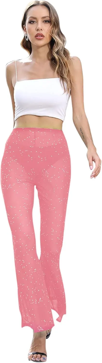 Women Rave Mesh Sheer Pants Flared Bell Bottom Pants for Dance Festival Clubwear