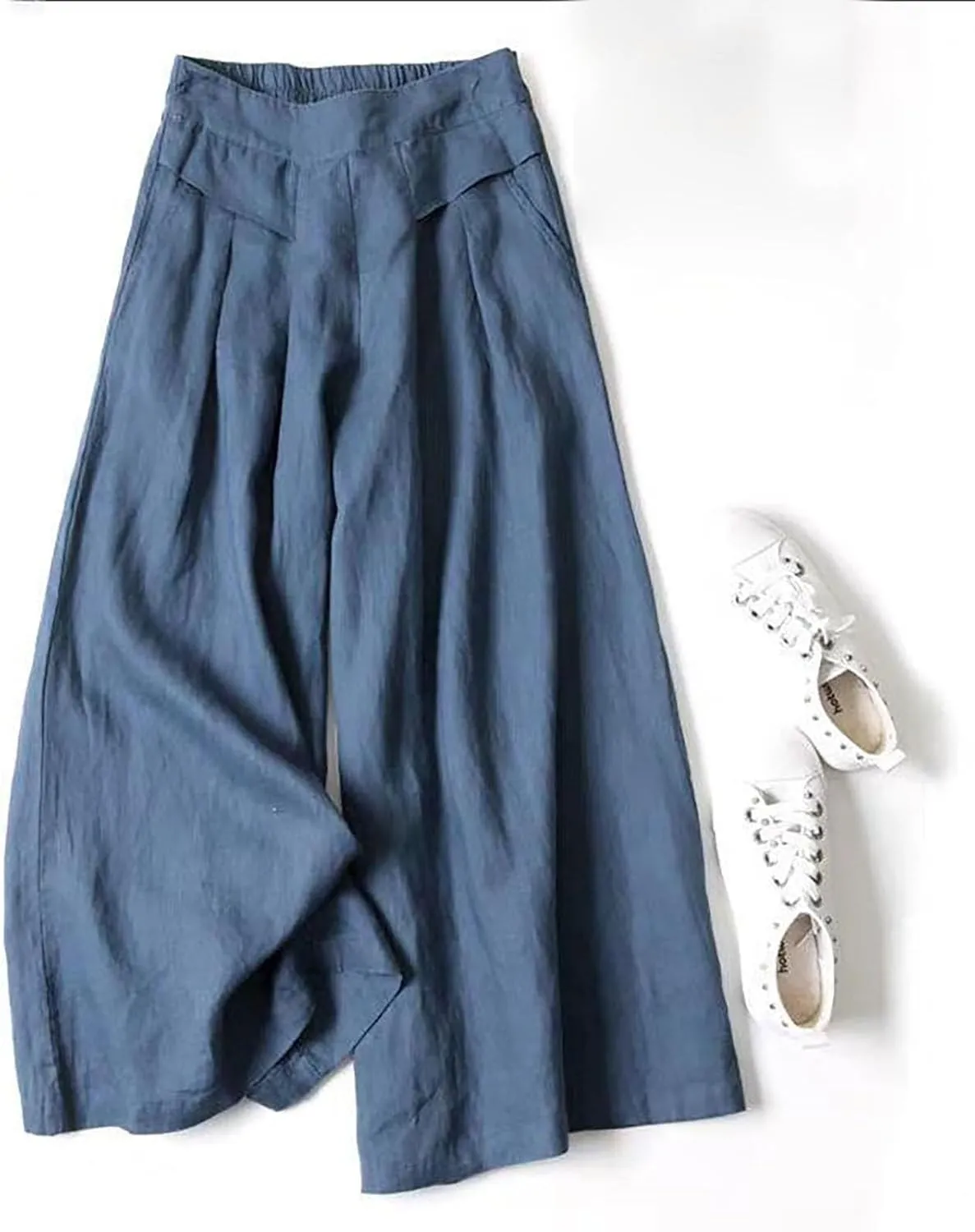 Women' S Culottes Linen Blend Wide Leg Pants Elastic Waist Casual Palazzo Trousers Baggy Comfy Capri Pant with Pocket