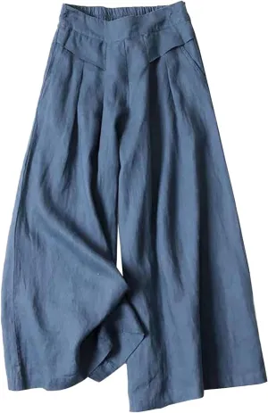 Women' S Culottes Linen Blend Wide Leg Pants Elastic Waist Casual Palazzo Trousers Baggy Comfy Capri Pant with Pocket