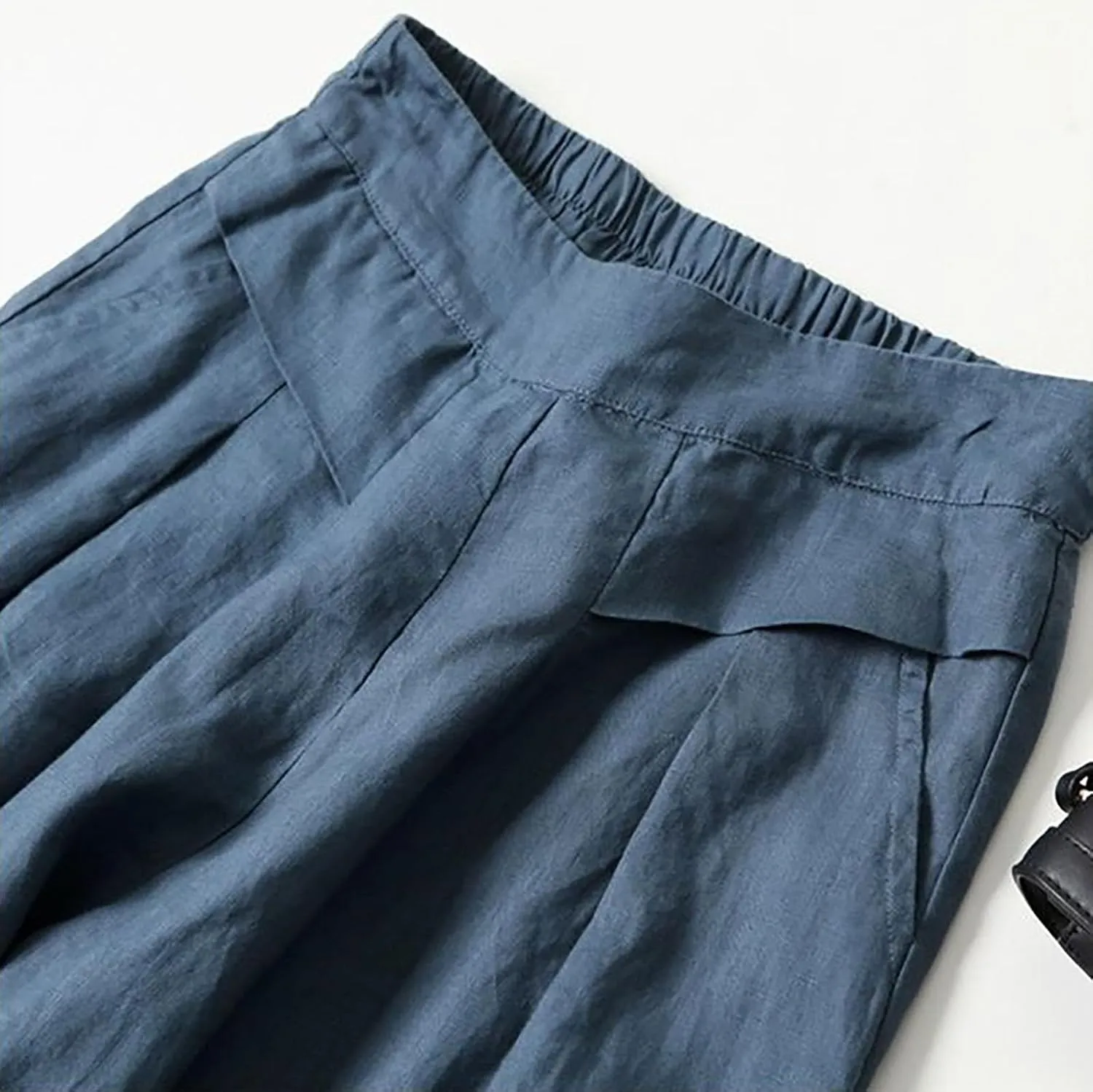 Women' S Culottes Linen Blend Wide Leg Pants Elastic Waist Casual Palazzo Trousers Baggy Comfy Capri Pant with Pocket