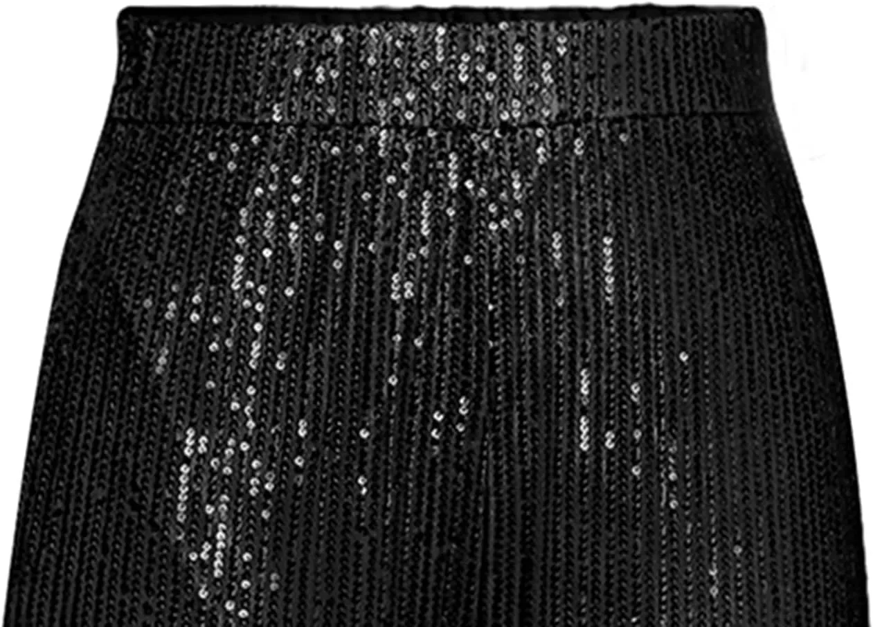 Women Sequins Wide Leg Pants High Waist Sparkle Glitter Trousers Bling Glitter Elastic Loose Flare Bell Bottom Shiny Pants