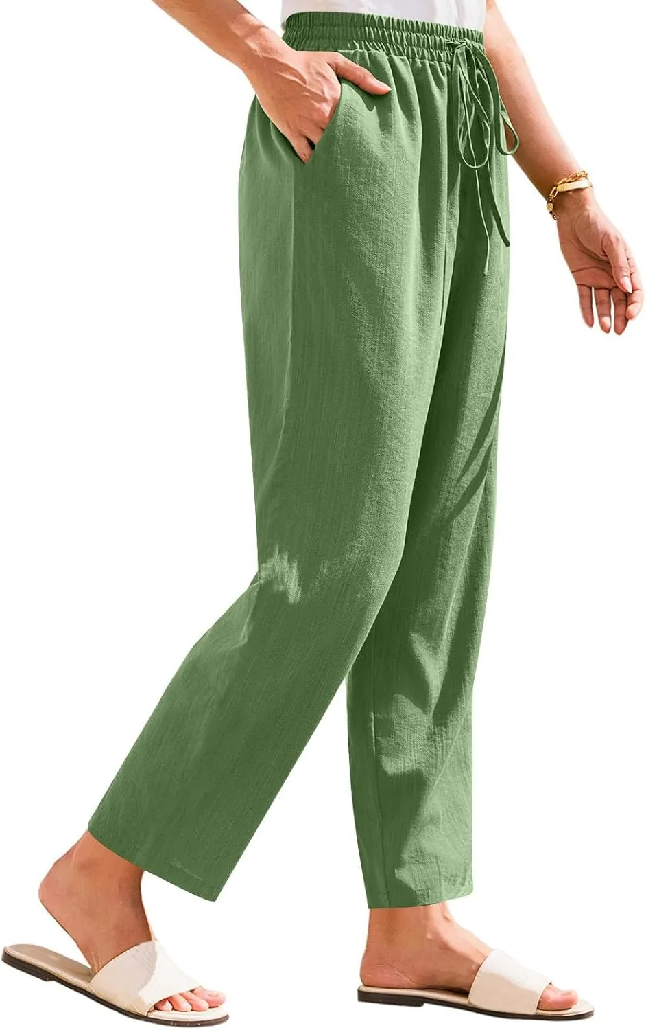 Women Straight Leg Pants Elastic Drawstring Trousers with Pockets 2025 Summer Casual Cotton Linen Beach Lounge Clothes