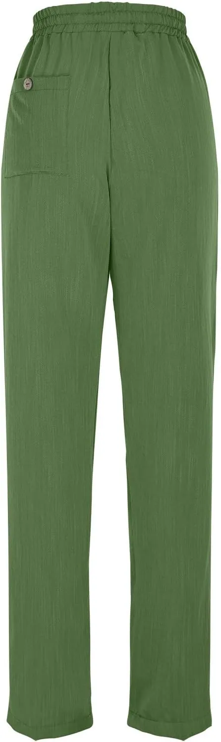Women Straight Leg Pants Elastic Drawstring Trousers with Pockets 2025 Summer Casual Cotton Linen Beach Lounge Clothes