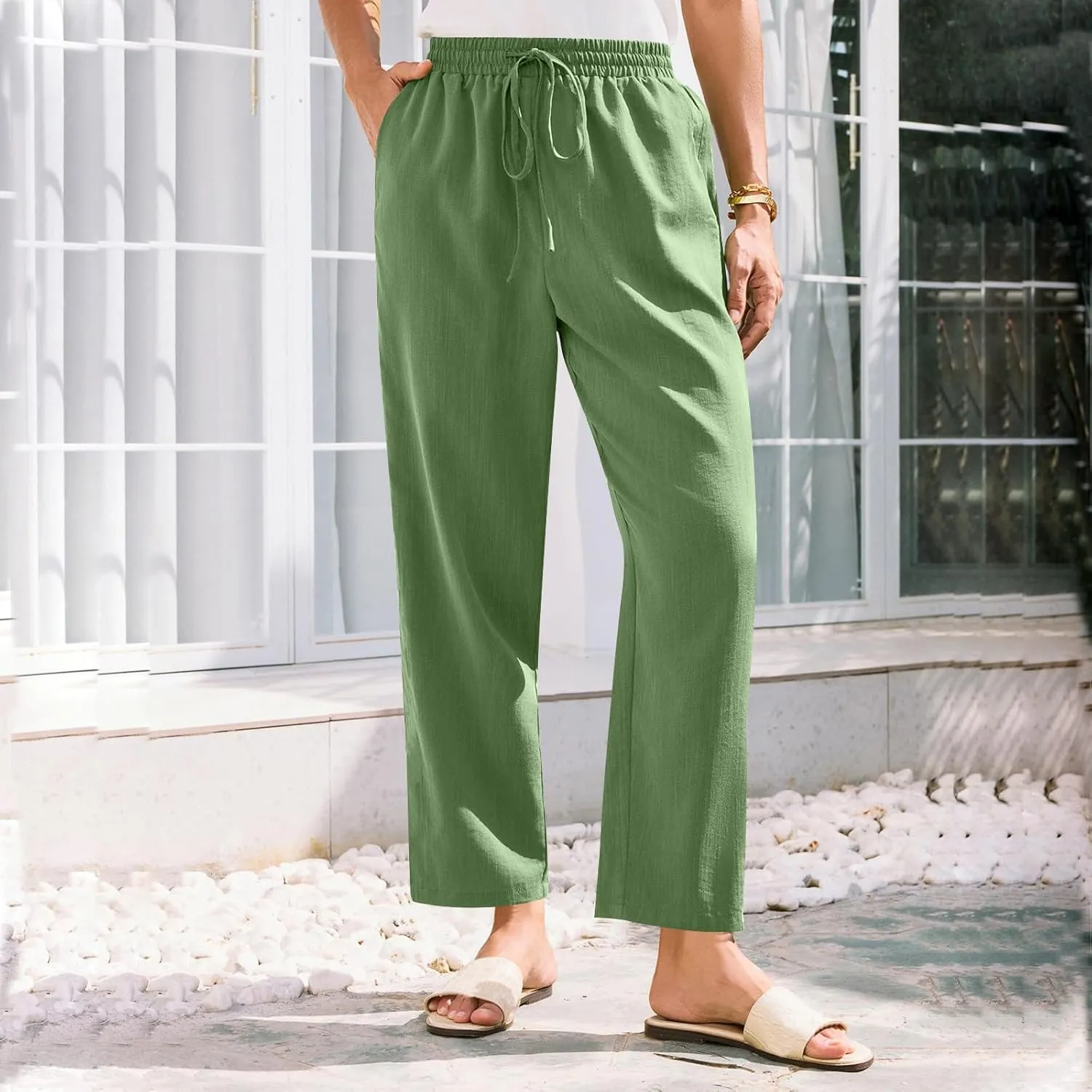 Women Straight Leg Pants Elastic Drawstring Trousers with Pockets 2025 Summer Casual Cotton Linen Beach Lounge Clothes