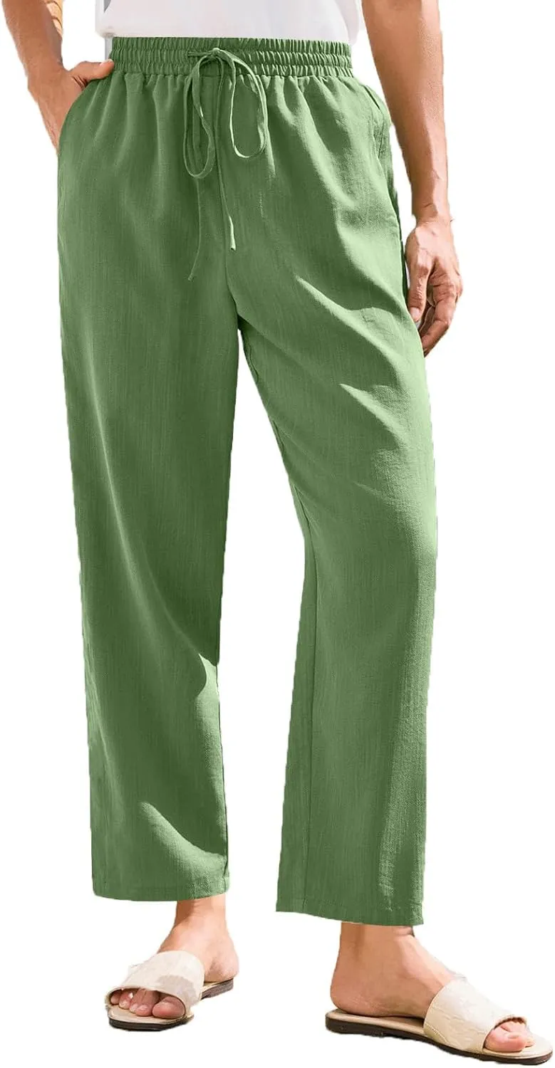 Women Straight Leg Pants Elastic Drawstring Trousers with Pockets 2025 Summer Casual Cotton Linen Beach Lounge Clothes