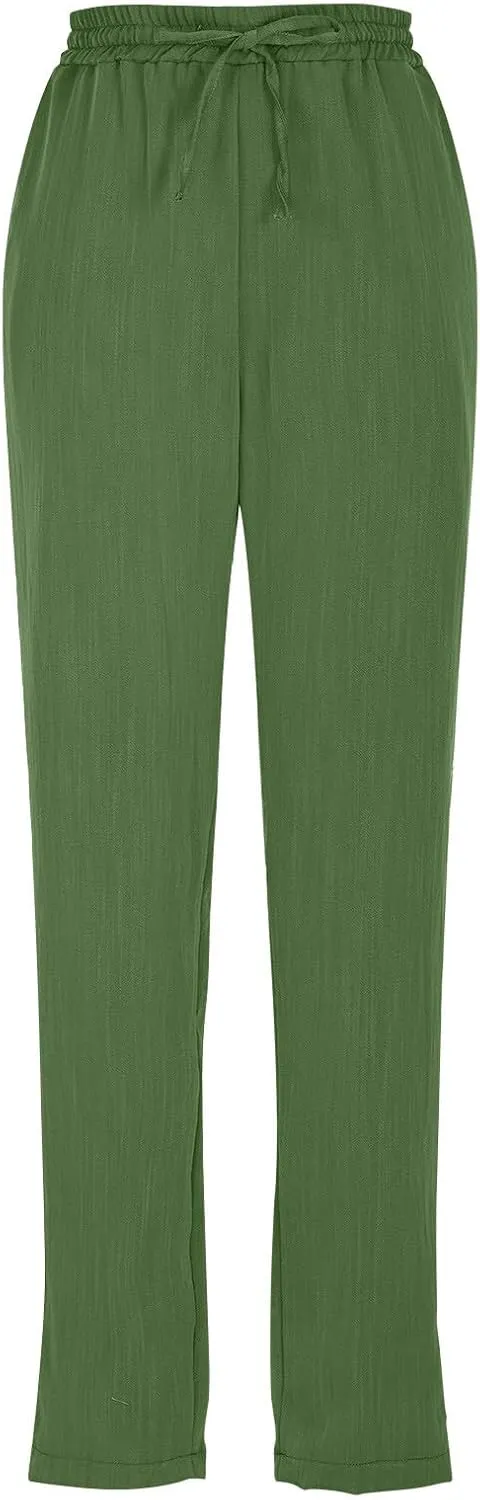 Women Straight Leg Pants Elastic Drawstring Trousers with Pockets 2025 Summer Casual Cotton Linen Beach Lounge Clothes