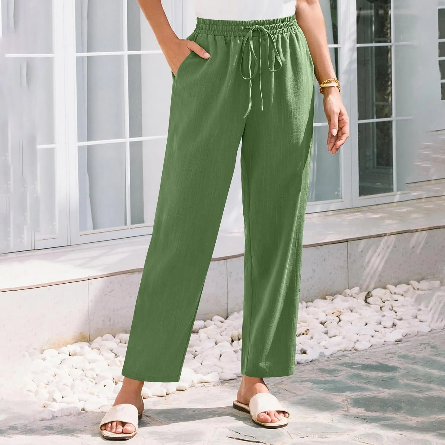 Women Straight Leg Pants Elastic Drawstring Trousers with Pockets 2025 Summer Casual Cotton Linen Beach Lounge Clothes