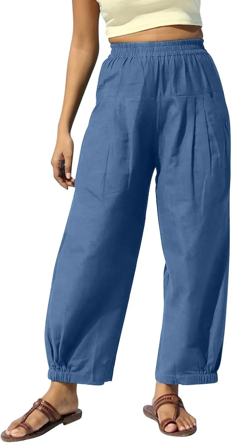 Women Summer High Waisted Haren Pant Trendy Casual Cotton Linen Pants Wide Leg Long Lounge Trouser with Pockets Outfit