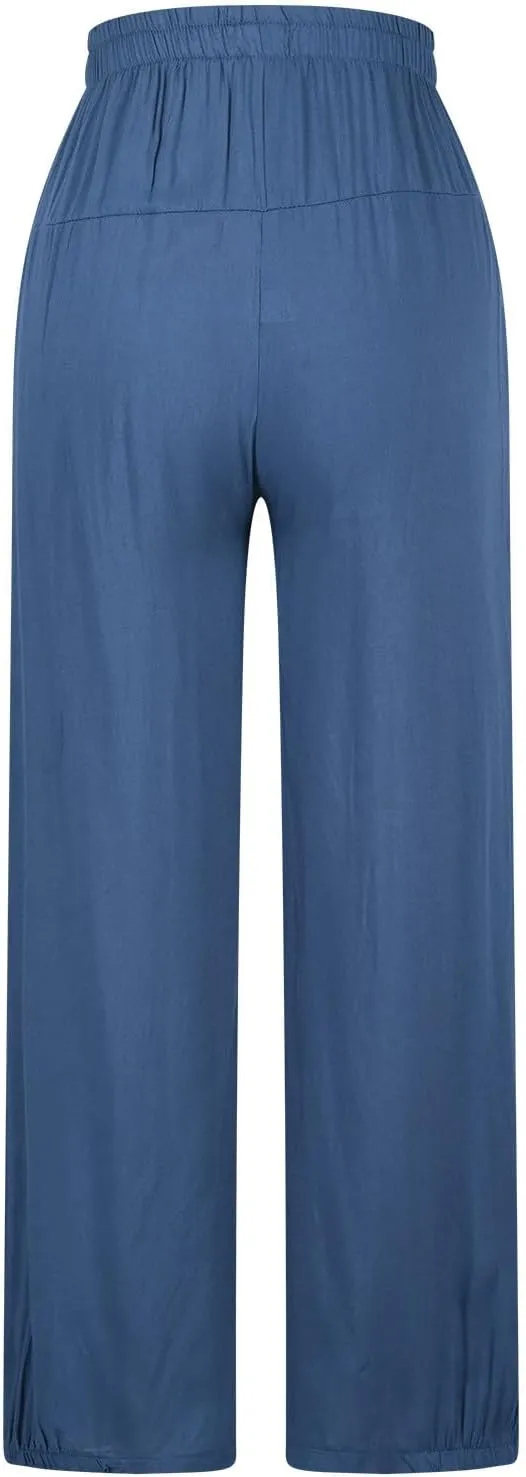 Women Summer High Waisted Haren Pant Trendy Casual Cotton Linen Pants Wide Leg Long Lounge Trouser with Pockets Outfit