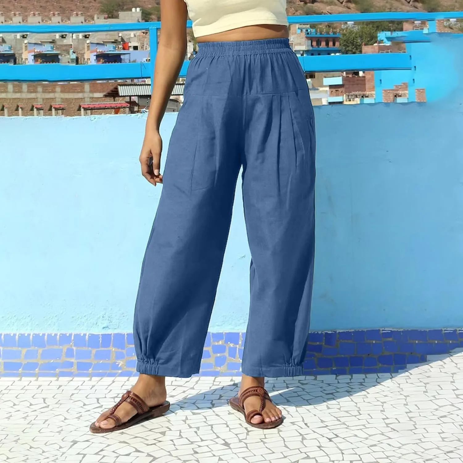 Women Summer High Waisted Haren Pant Trendy Casual Cotton Linen Pants Wide Leg Long Lounge Trouser with Pockets Outfit