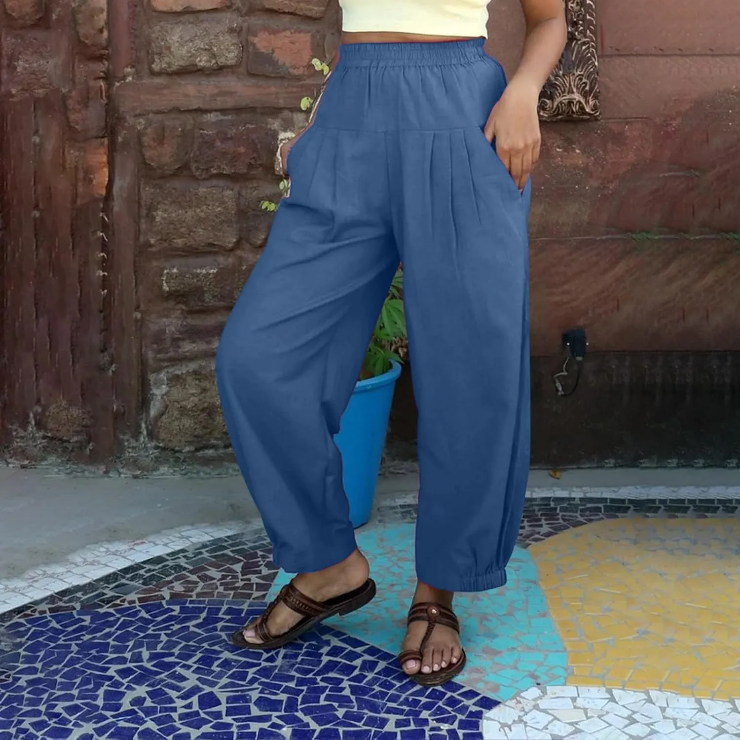 Women Summer High Waisted Haren Pant Trendy Casual Cotton Linen Pants Wide Leg Long Lounge Trouser with Pockets Outfit