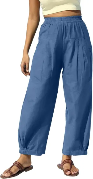 Women Summer High Waisted Haren Pant Trendy Casual Cotton Linen Pants Wide Leg Long Lounge Trouser with Pockets Outfit