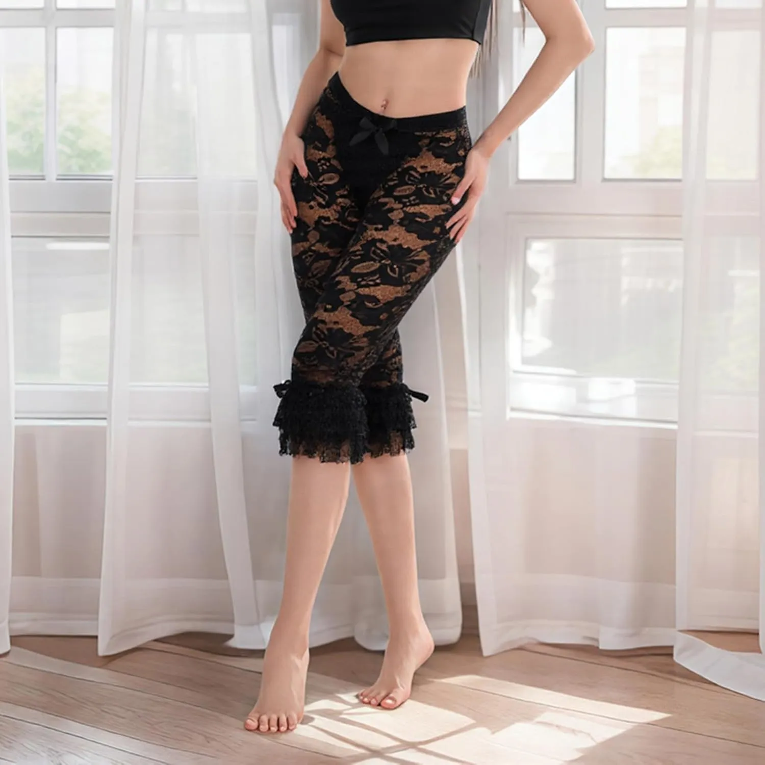 Women Summer Sheer Lace Leggings Capris See Through Knee Length Elastic High Waist Pants Trousers Coquette Legging