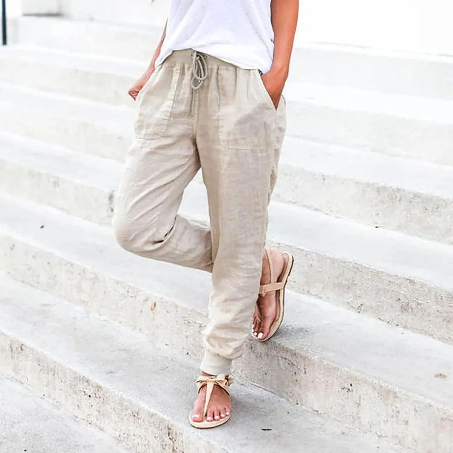 Women Tapered Linen Pants 2024 Summer Cotton Drawstring Elastic Waist Trousers Casual Baggy Comfy Solid Pants with Pockets