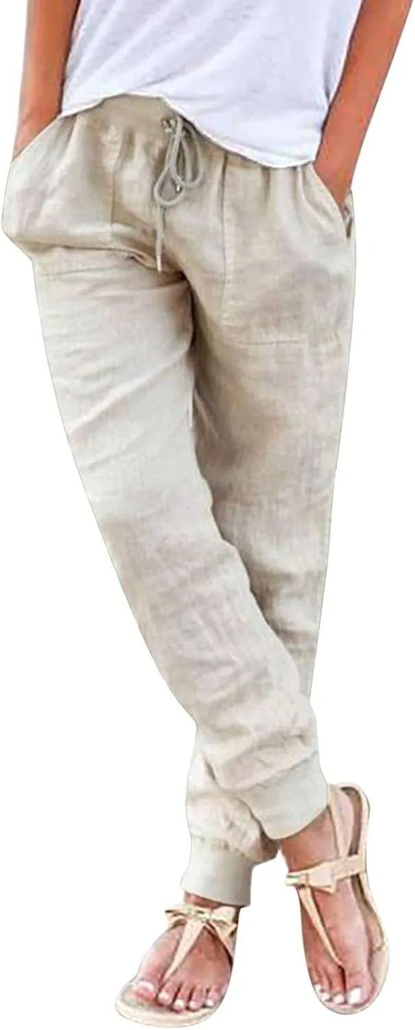 Women Tapered Linen Pants 2024 Summer Cotton Drawstring Elastic Waist Trousers Casual Baggy Comfy Solid Pants with Pockets