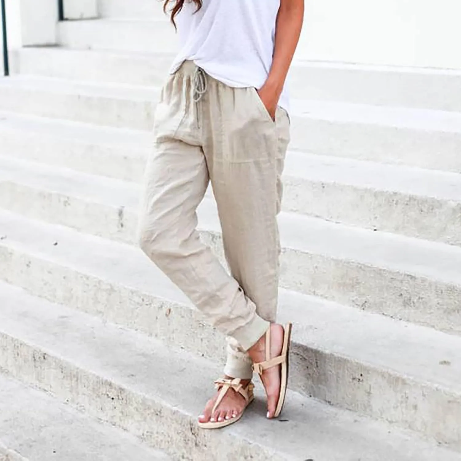 Women Tapered Linen Pants 2024 Summer Cotton Drawstring Elastic Waist Trousers Casual Baggy Comfy Solid Pants with Pockets