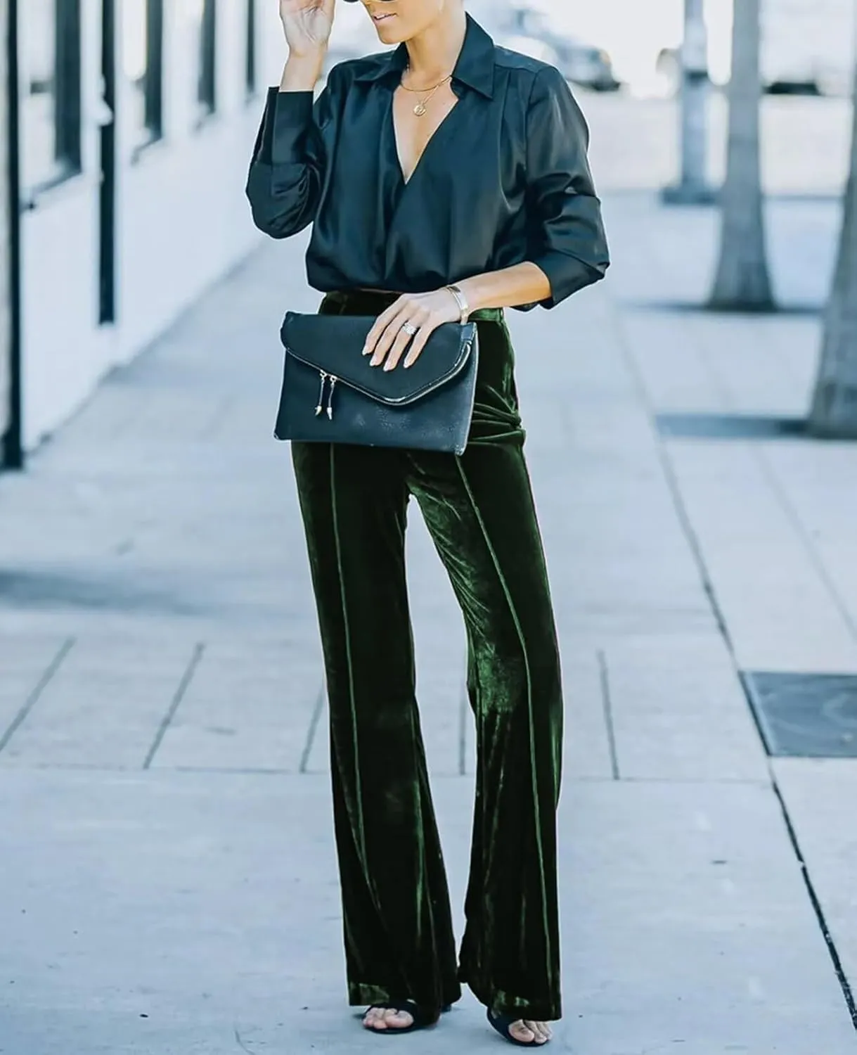 Women Velvet Flare Pants Elastic High Waist Side Zipper Bell Bottom Trousers