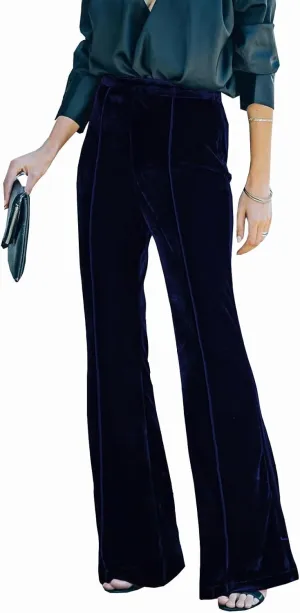 Women Velvet Flare Pants Elastic High Waist Side Zipper Bell Bottom Trousers