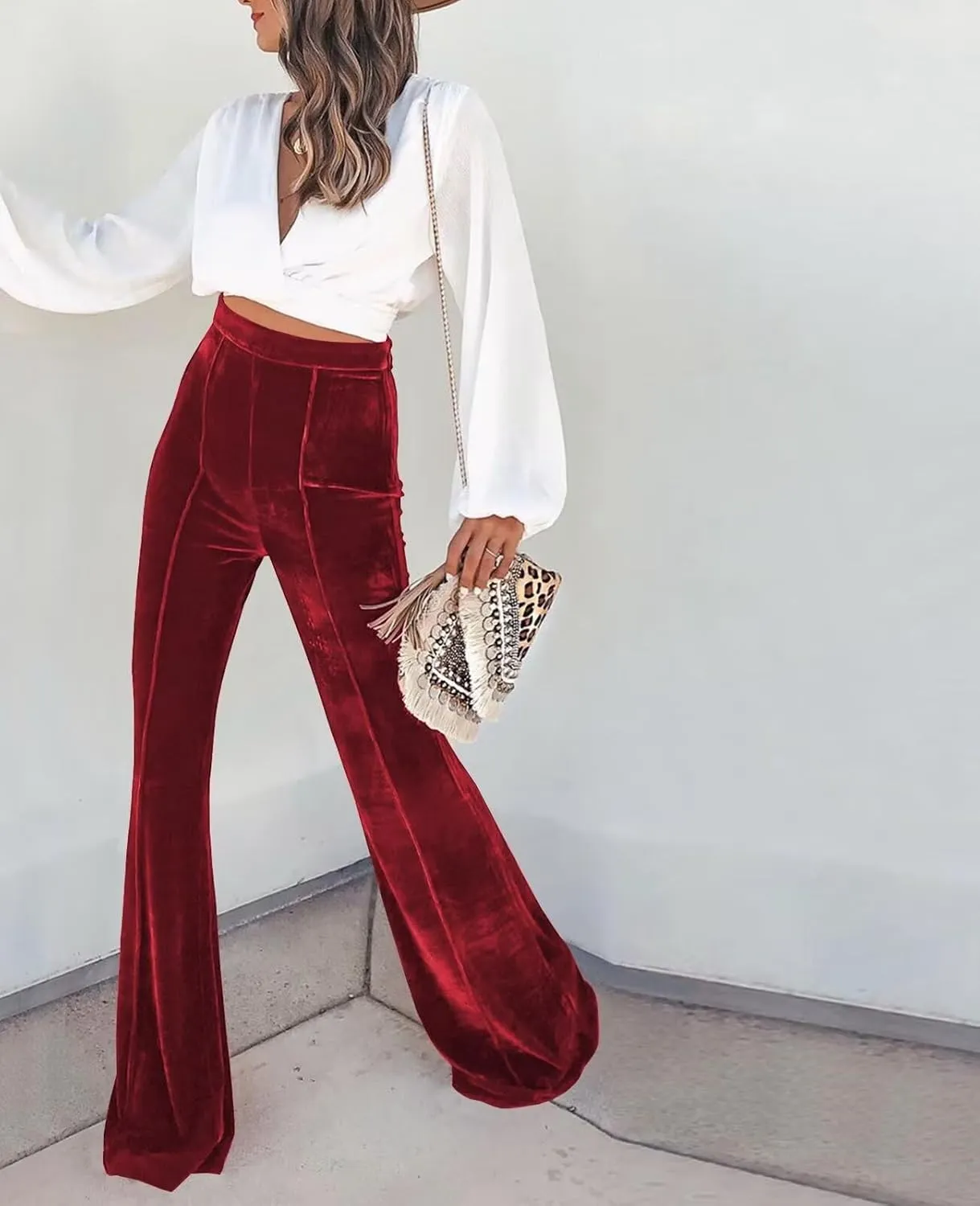 Women Velvet Flare Pants Elastic High Waist Side Zipper Bell Bottom Trousers
