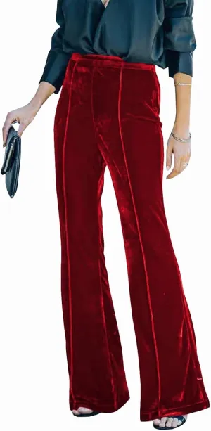 Women Velvet Flare Pants Elastic High Waist Side Zipper Bell Bottom Trousers