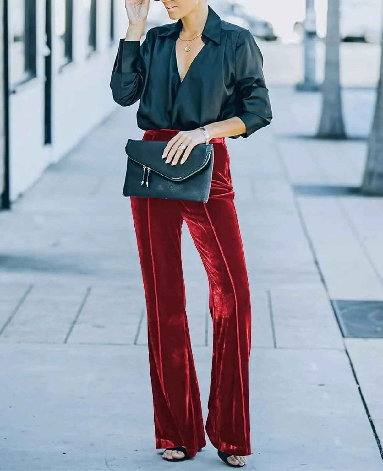 Women Velvet Flare Pants Elastic High Waist Side Zipper Bell Bottom Trousers