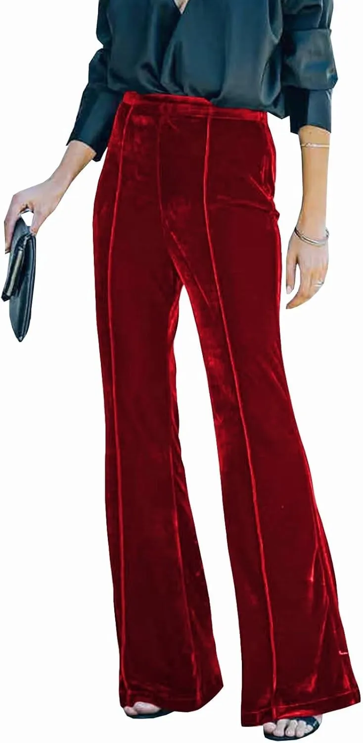 Women Velvet Flare Pants Elastic High Waist Side Zipper Bell Bottom Trousers