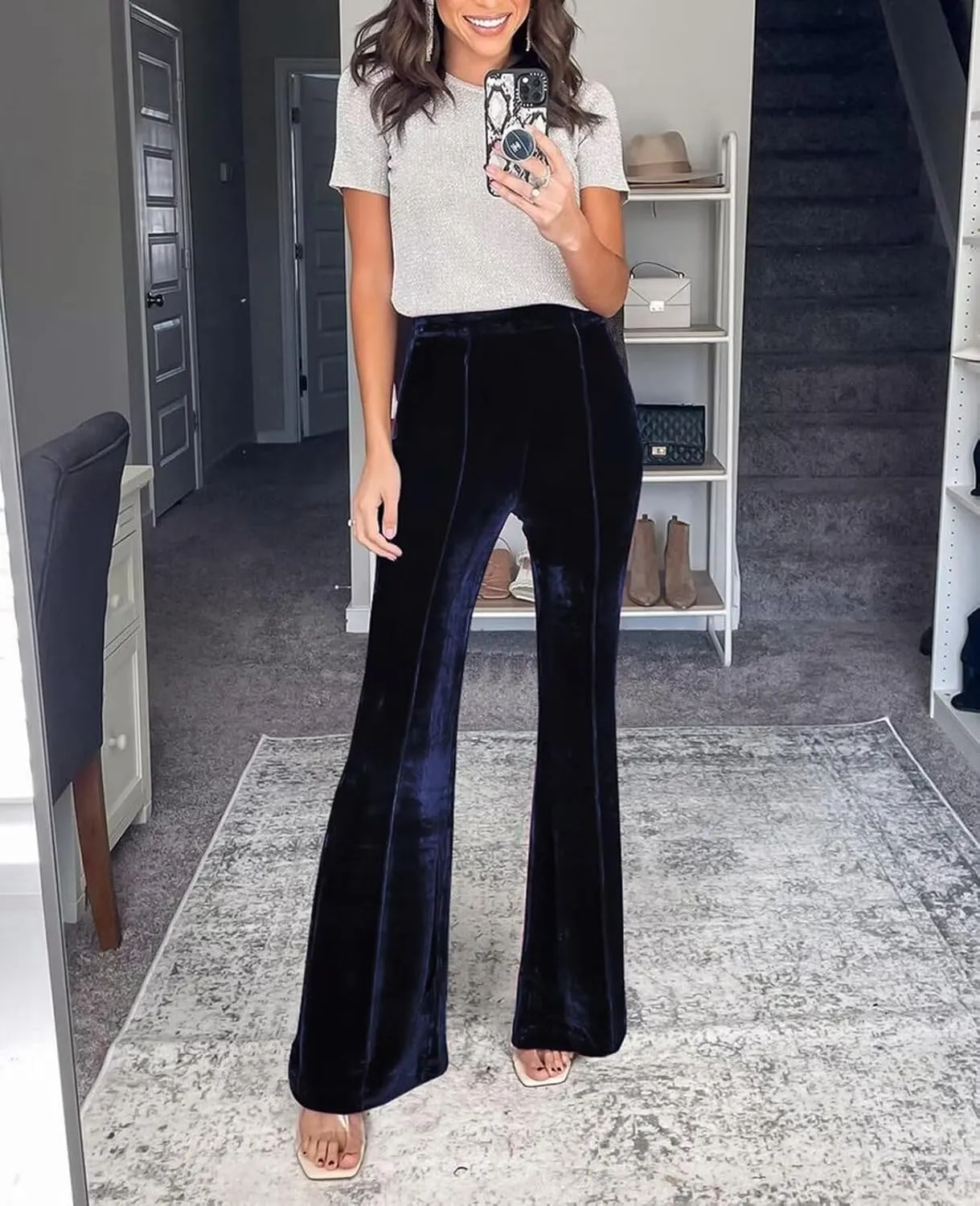 Women Velvet Flare Pants Elastic High Waist Side Zipper Bell Bottom Trousers