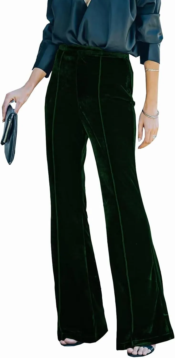Women Velvet Flare Pants Elastic High Waist Side Zipper Bell Bottom Trousers