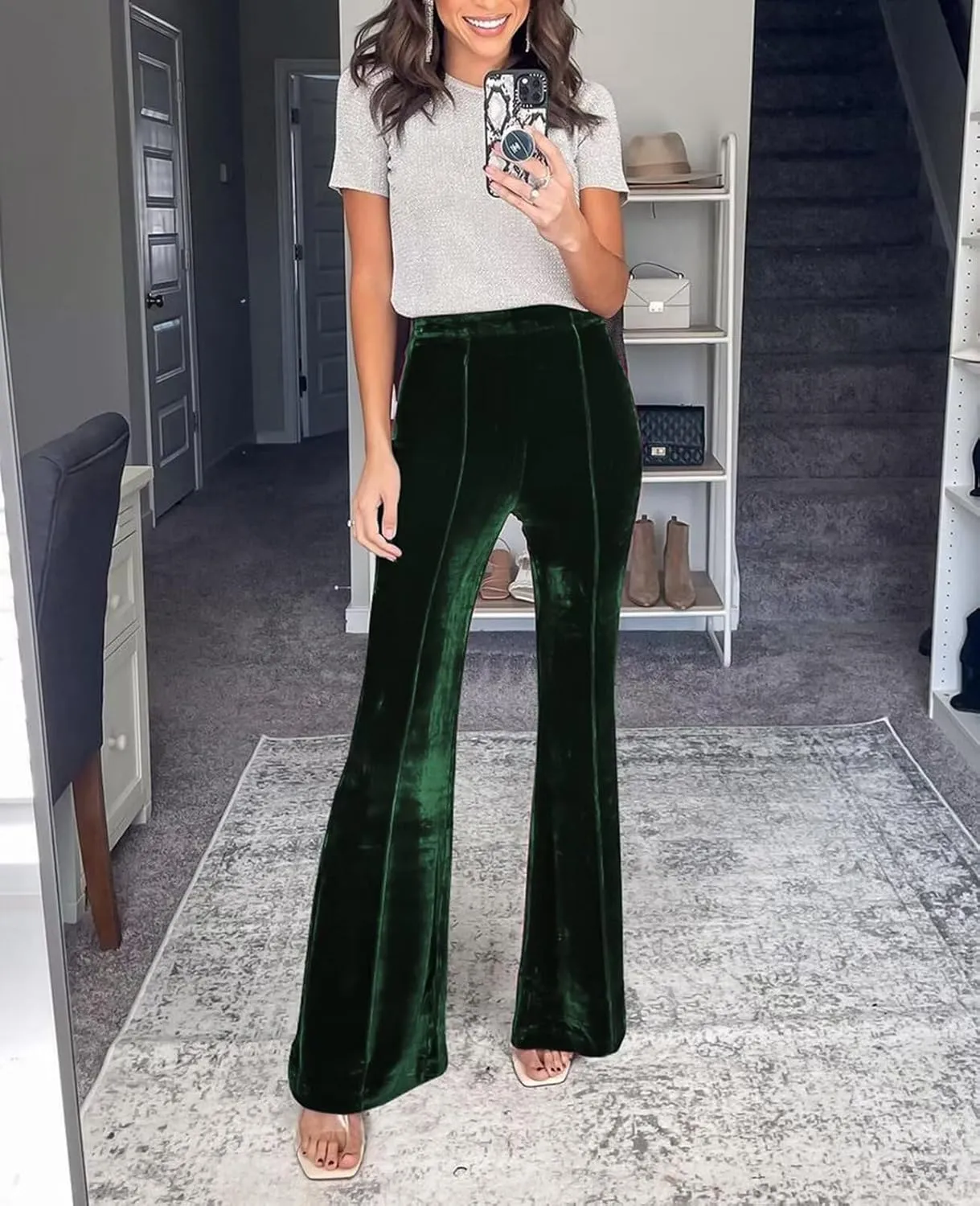 Women Velvet Flare Pants Elastic High Waist Side Zipper Bell Bottom Trousers
