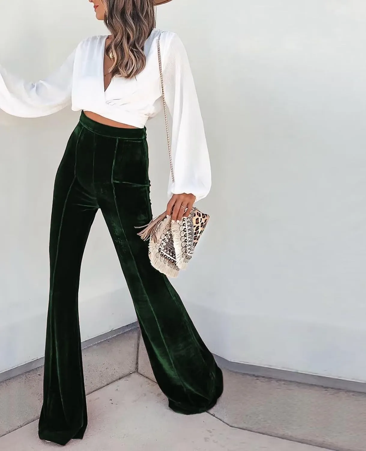 Women Velvet Flare Pants Elastic High Waist Side Zipper Bell Bottom Trousers
