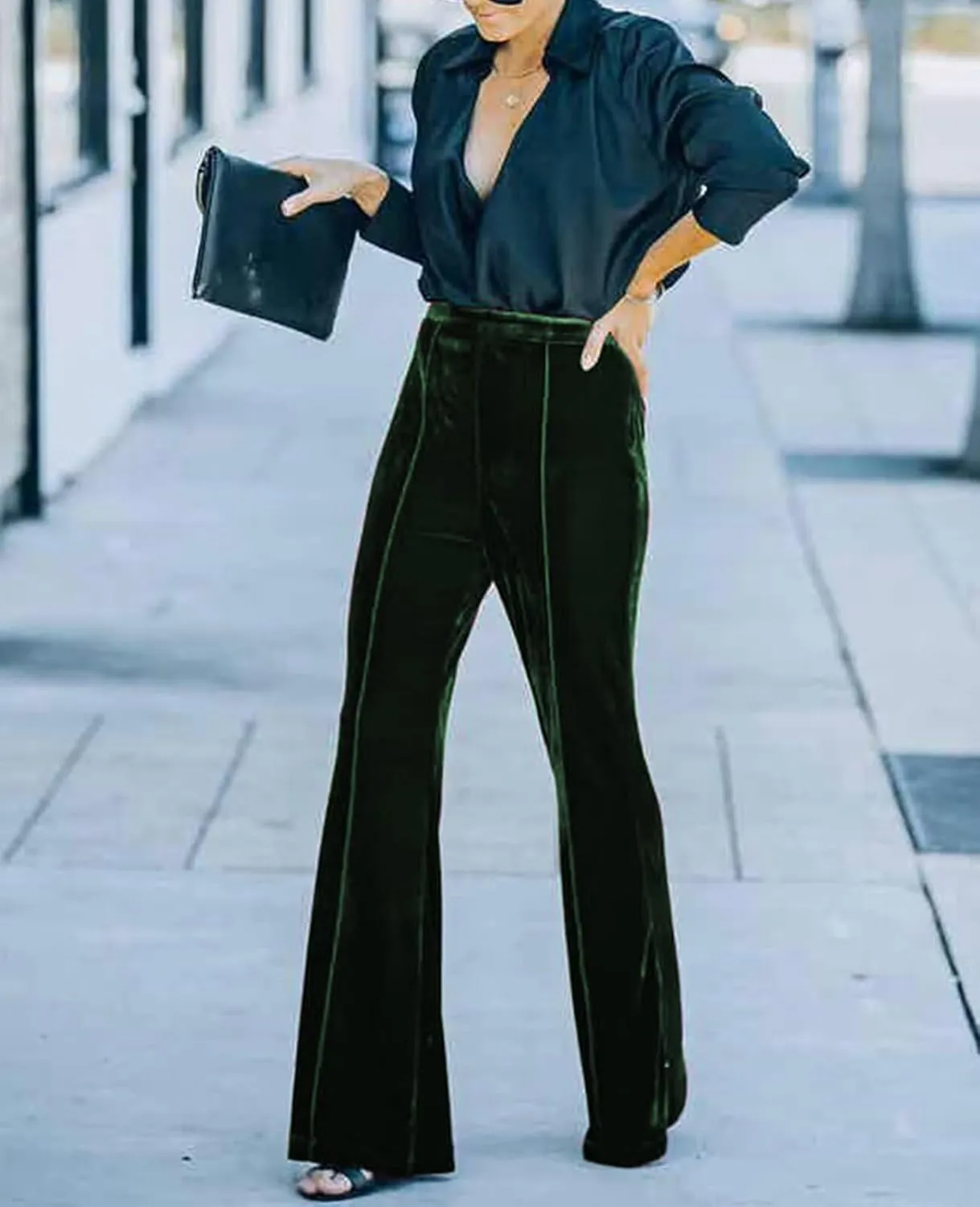 Women Velvet Flare Pants Elastic High Waist Side Zipper Bell Bottom Trousers