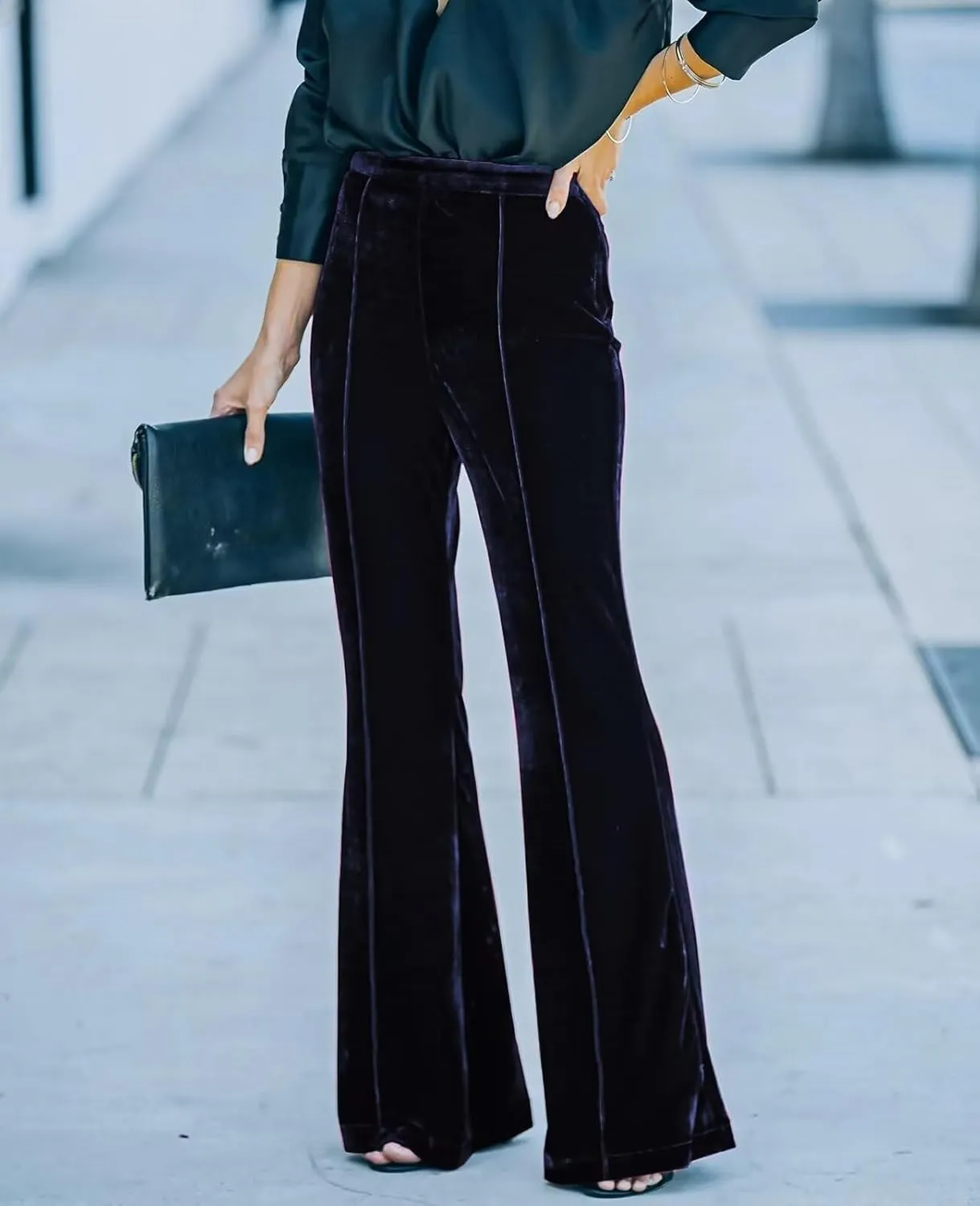 Women Velvet Flare Pants Elastic High Waist Side Zipper Bell Bottom Trousers