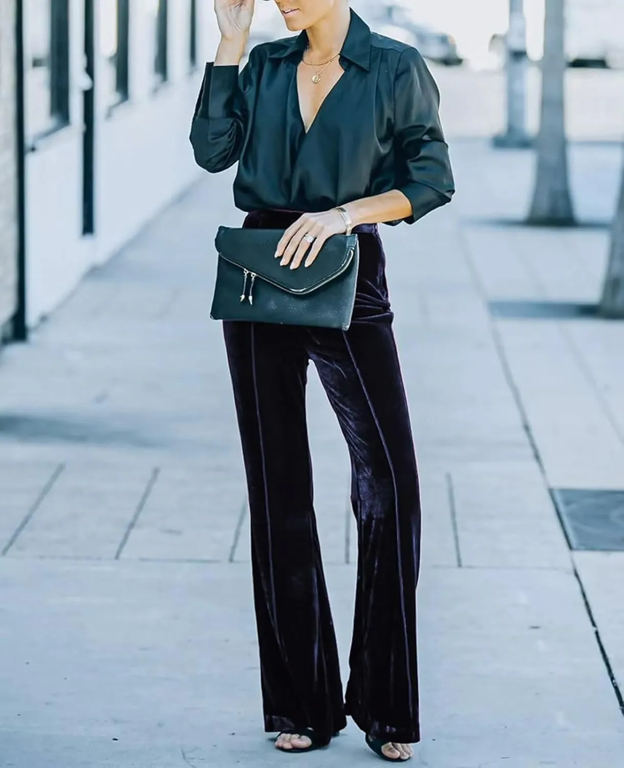 Women Velvet Flare Pants Elastic High Waist Side Zipper Bell Bottom Trousers