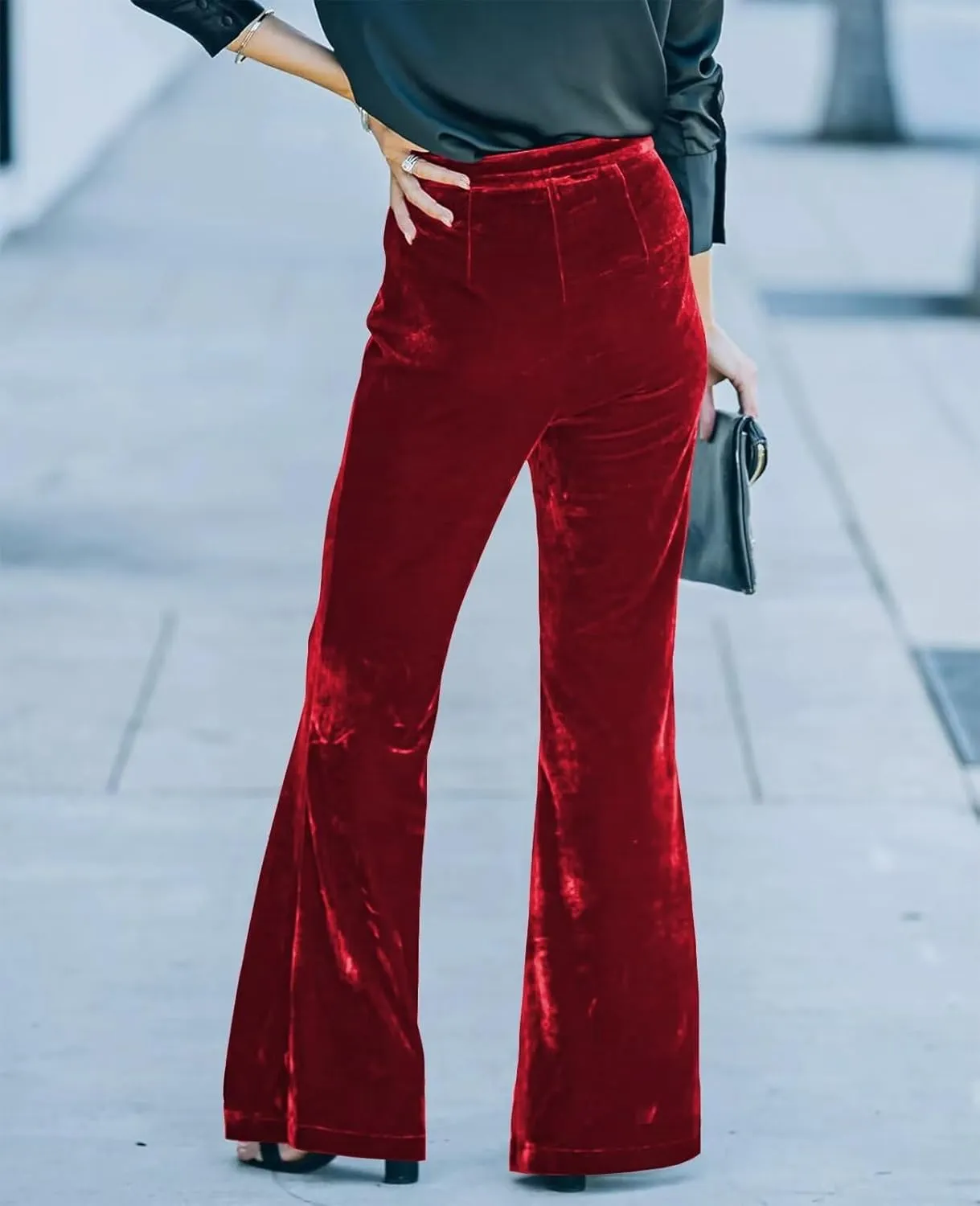 Women Velvet Flare Pants Elastic High Waist Side Zipper Bell Bottom Trousers