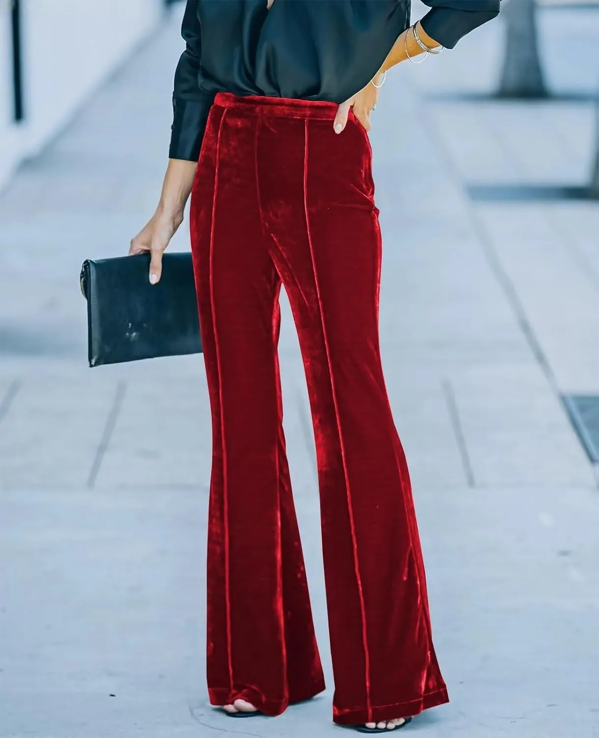 Women Velvet Flare Pants Elastic High Waist Side Zipper Bell Bottom Trousers