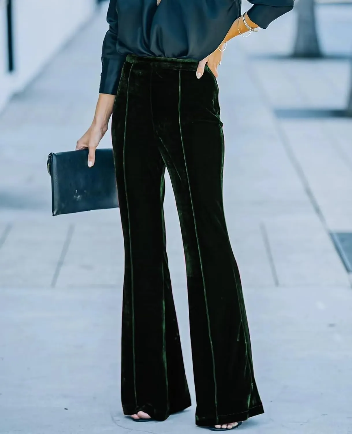 Women Velvet Flare Pants Elastic High Waist Side Zipper Bell Bottom Trousers