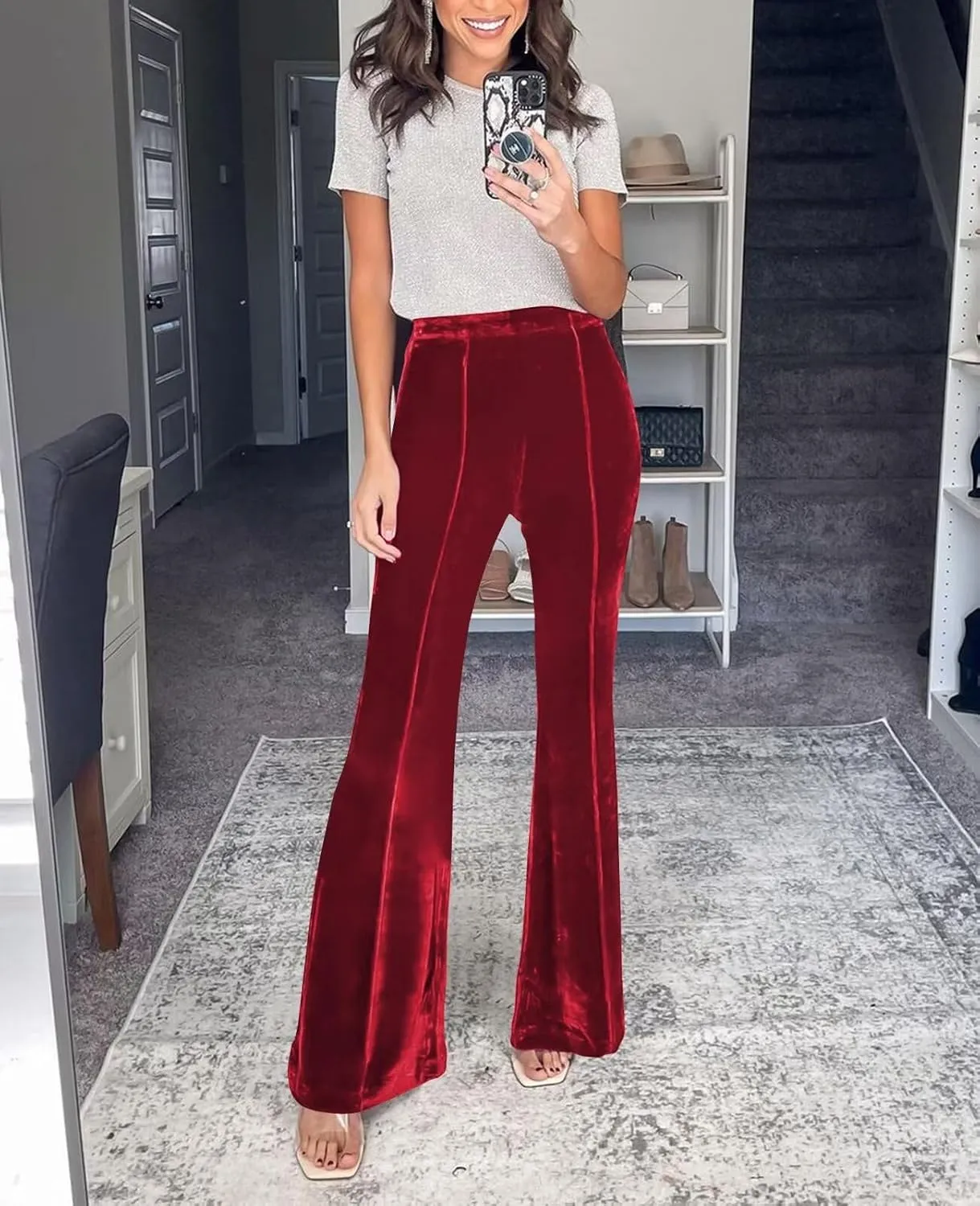 Women Velvet Flare Pants Elastic High Waist Side Zipper Bell Bottom Trousers