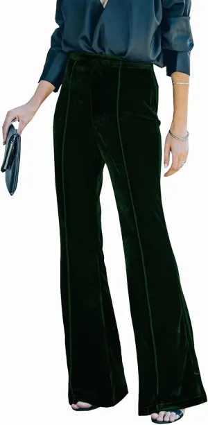 Women Velvet Flare Pants Elastic High Waist Side Zipper Bell Bottom Trousers