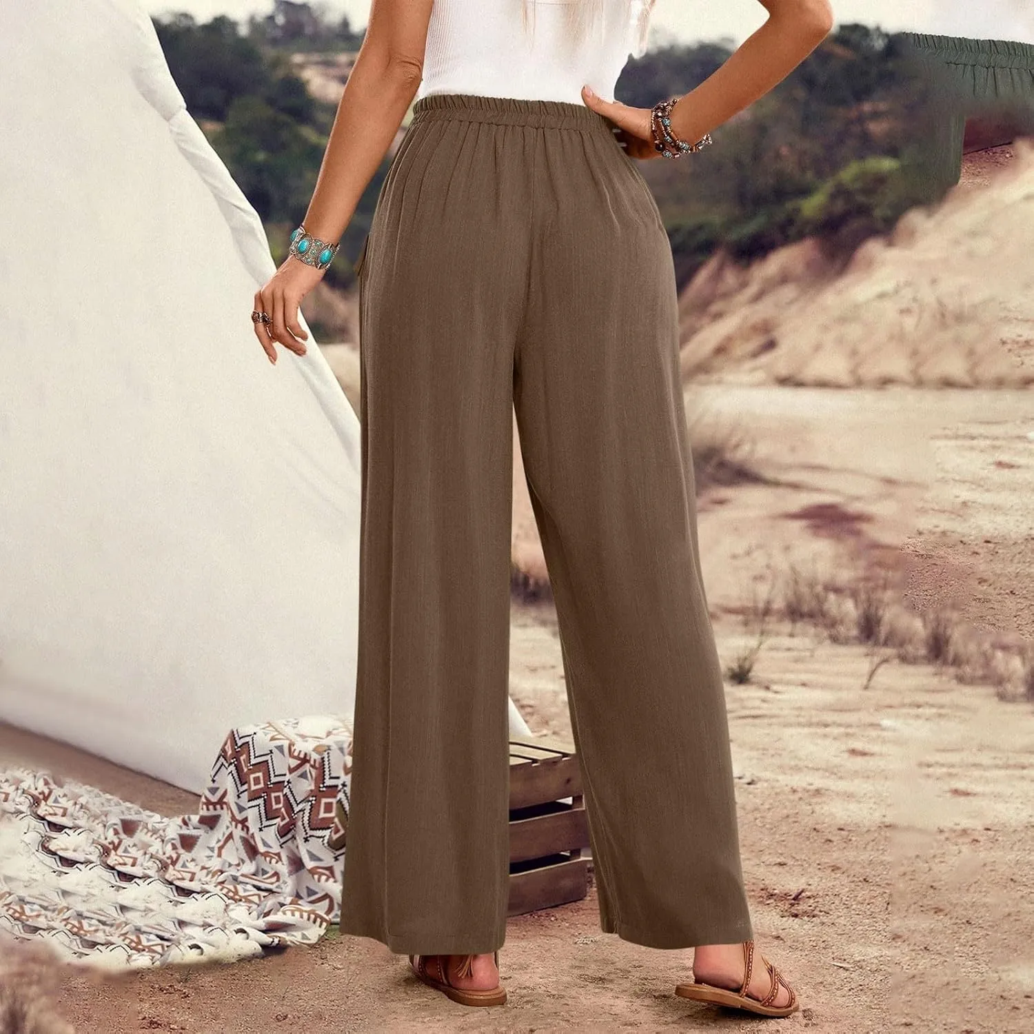 Women Wide Leg Casual Pants Cotton Linen Summer Lightweight Drawstring Elastic Waist Lounge Beach Palazzo with Pockets