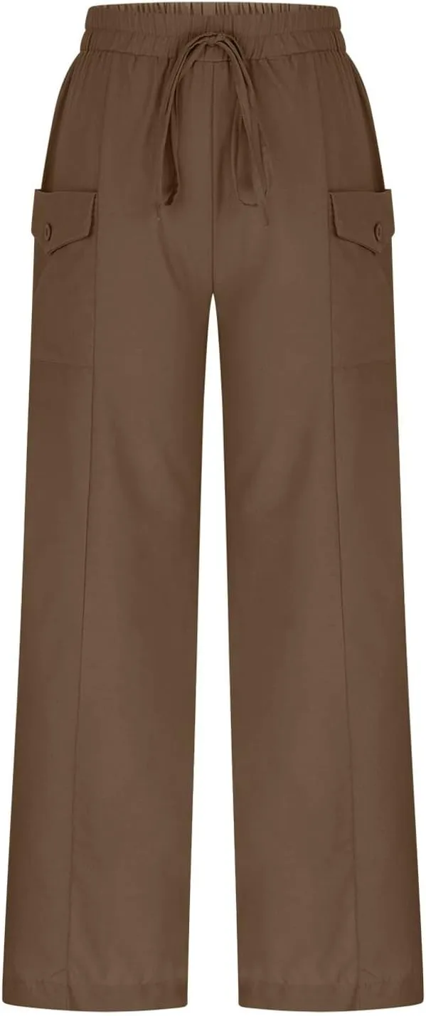 Women Wide Leg Casual Pants Cotton Linen Summer Lightweight Drawstring Elastic Waist Lounge Beach Palazzo with Pockets