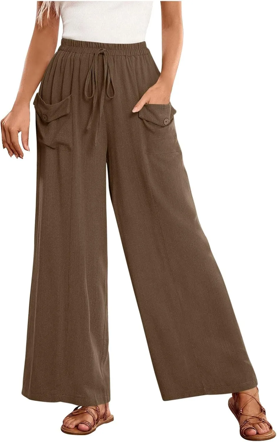 Women Wide Leg Casual Pants Cotton Linen Summer Lightweight Drawstring Elastic Waist Lounge Beach Palazzo with Pockets