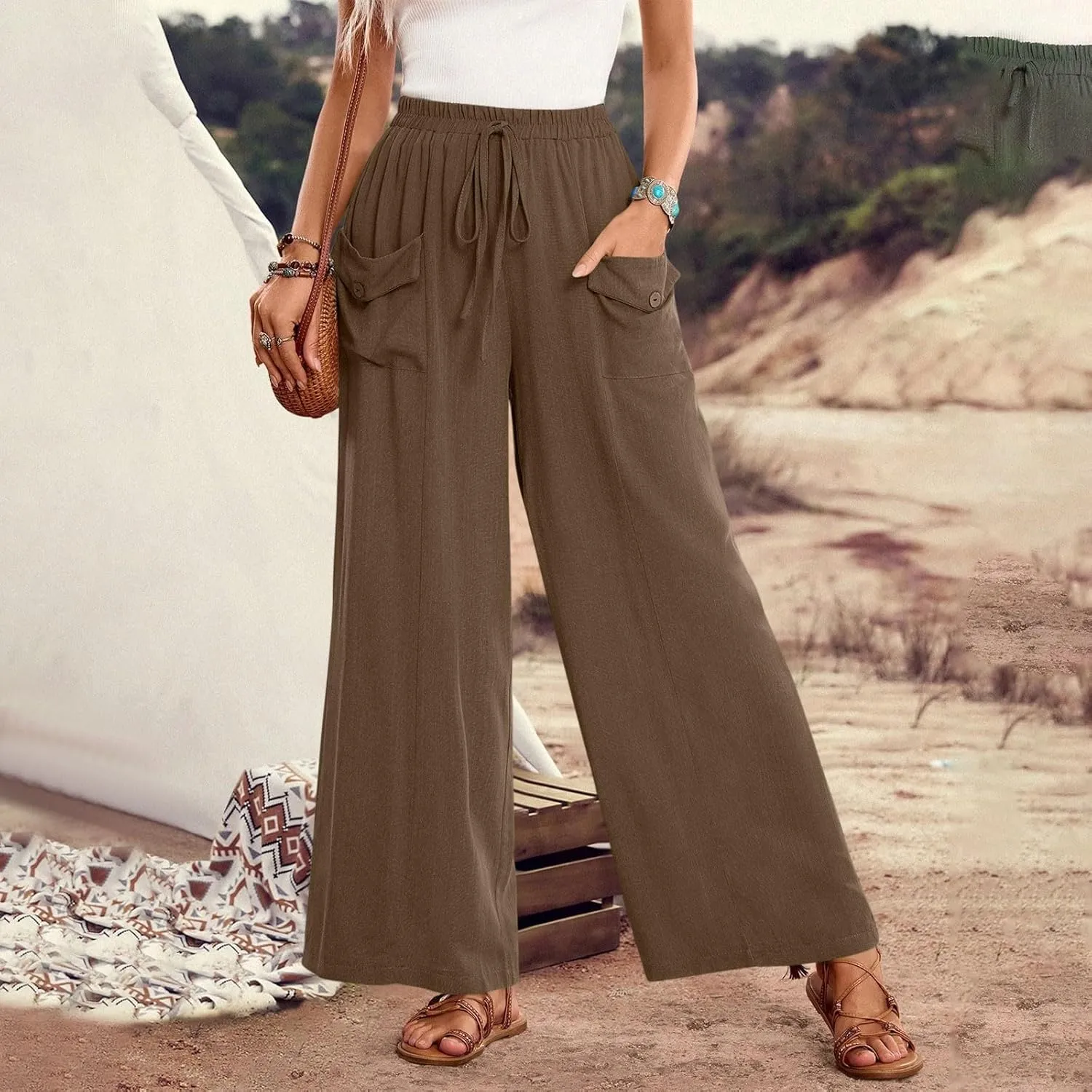 Women Wide Leg Casual Pants Cotton Linen Summer Lightweight Drawstring Elastic Waist Lounge Beach Palazzo with Pockets