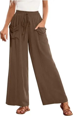 Women Wide Leg Casual Pants Cotton Linen Summer Lightweight Drawstring Elastic Waist Lounge Beach Palazzo with Pockets