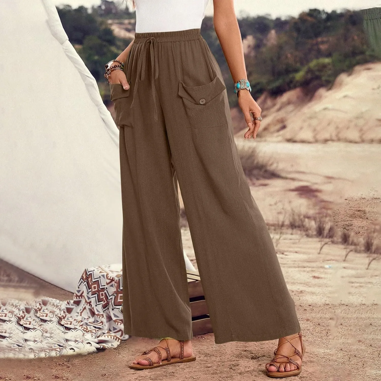 Women Wide Leg Casual Pants Cotton Linen Summer Lightweight Drawstring Elastic Waist Lounge Beach Palazzo with Pockets