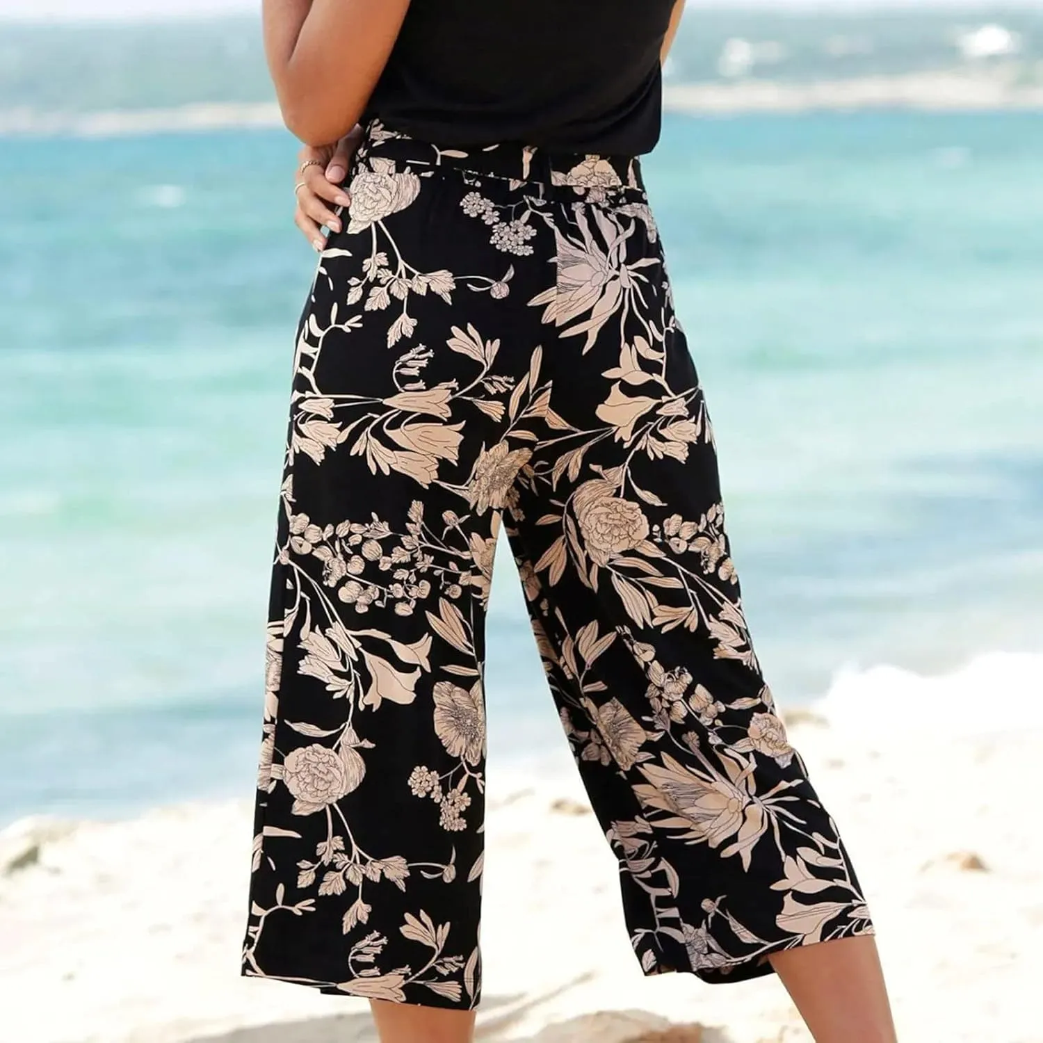 Women Wide Leg High Waist Drawstring Palazzo Pants Casual Summer Flowy Boho Beach Harem Slacks Printed Linen Trousers