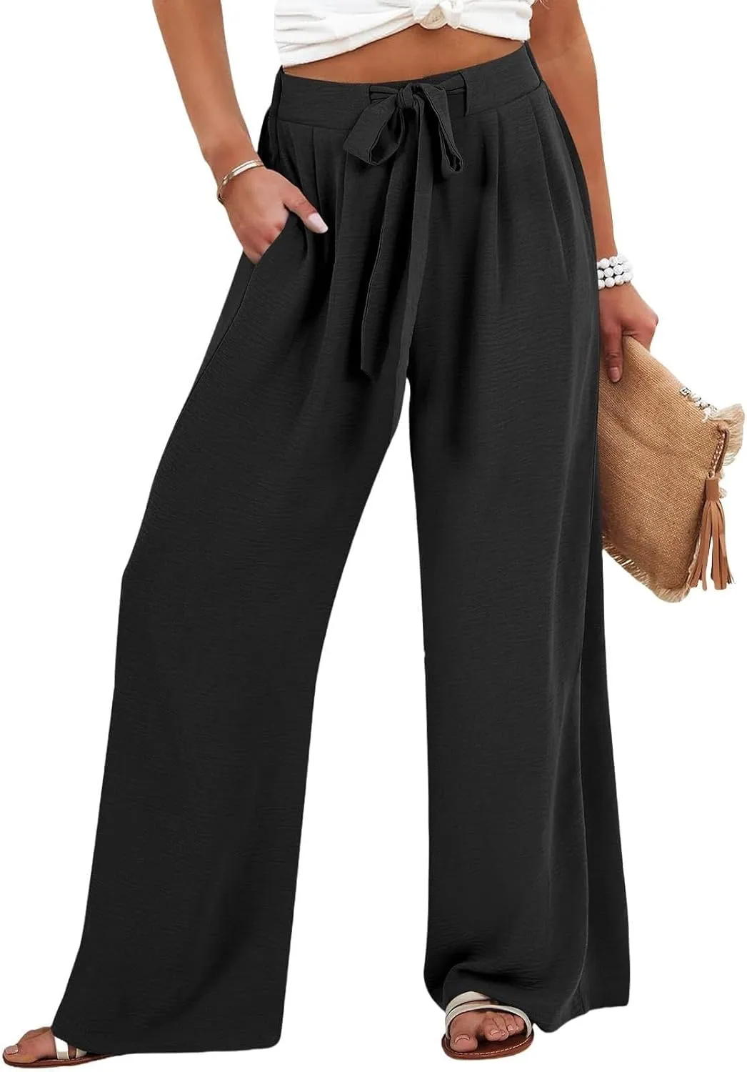 Women Wide Leg Linen Pants 2025 Tie Knot Summer High Waisted Palazzo Pants Flowy Beach Travel Trousers with Pockets