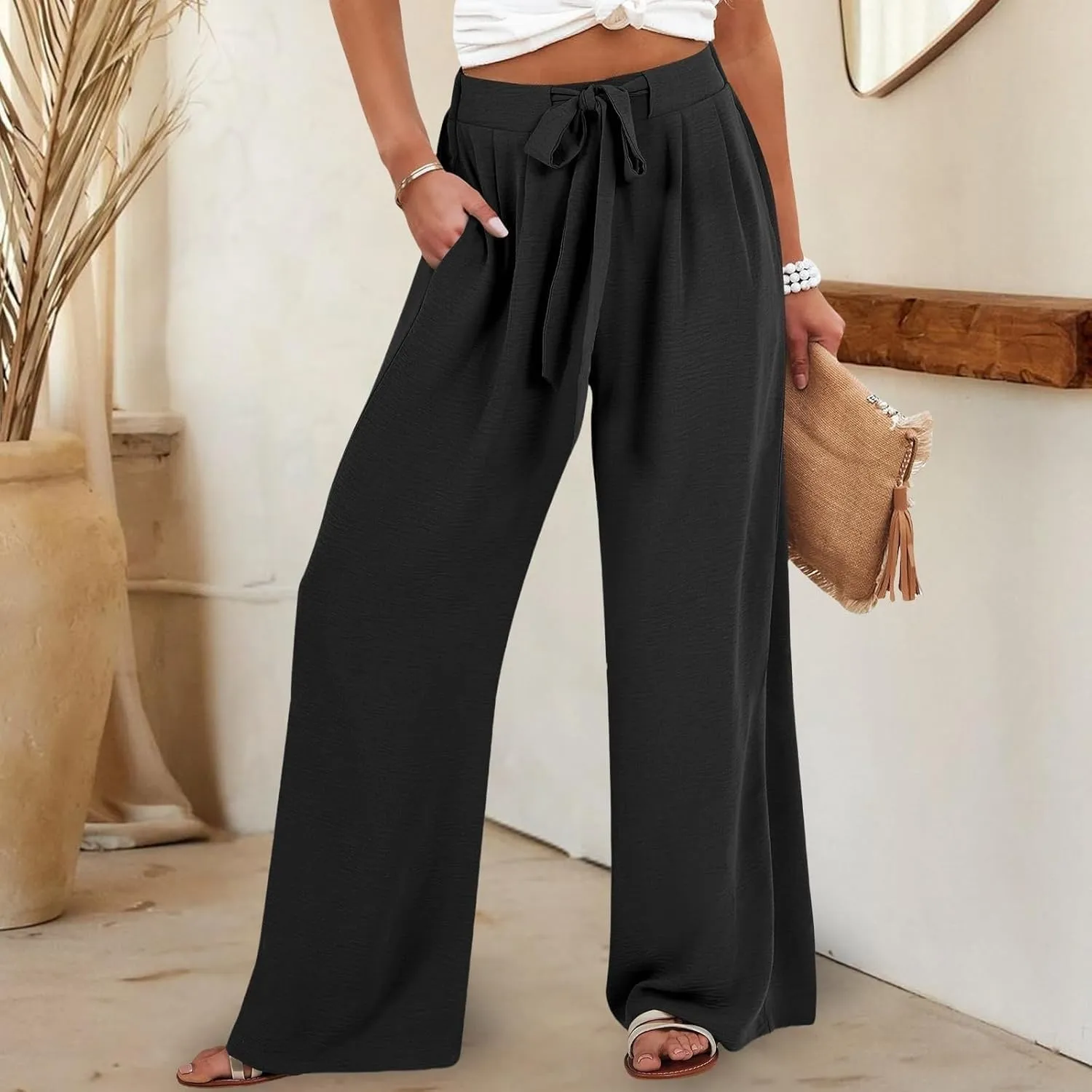 Women Wide Leg Linen Pants 2025 Tie Knot Summer High Waisted Palazzo Pants Flowy Beach Travel Trousers with Pockets