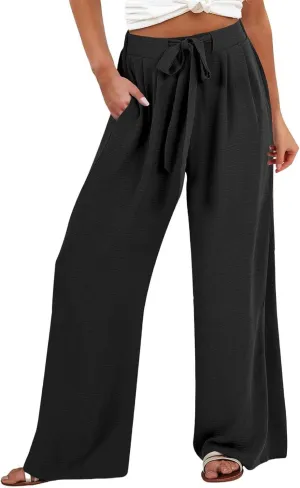 Women Wide Leg Linen Pants 2025 Tie Knot Summer High Waisted Palazzo Pants Flowy Beach Travel Trousers with Pockets