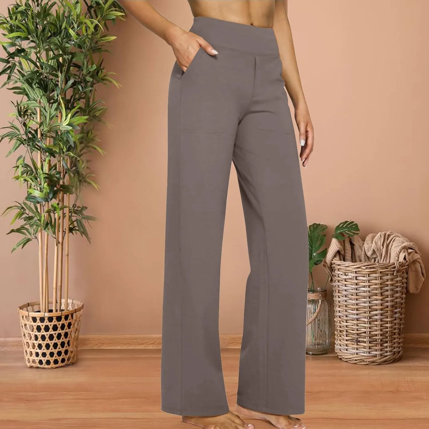 Women Yoga Pants High Waist Wide Leg Work Pants Comfy Stretch Lounge Trousers Solid Flare Sweatpants with Pockets