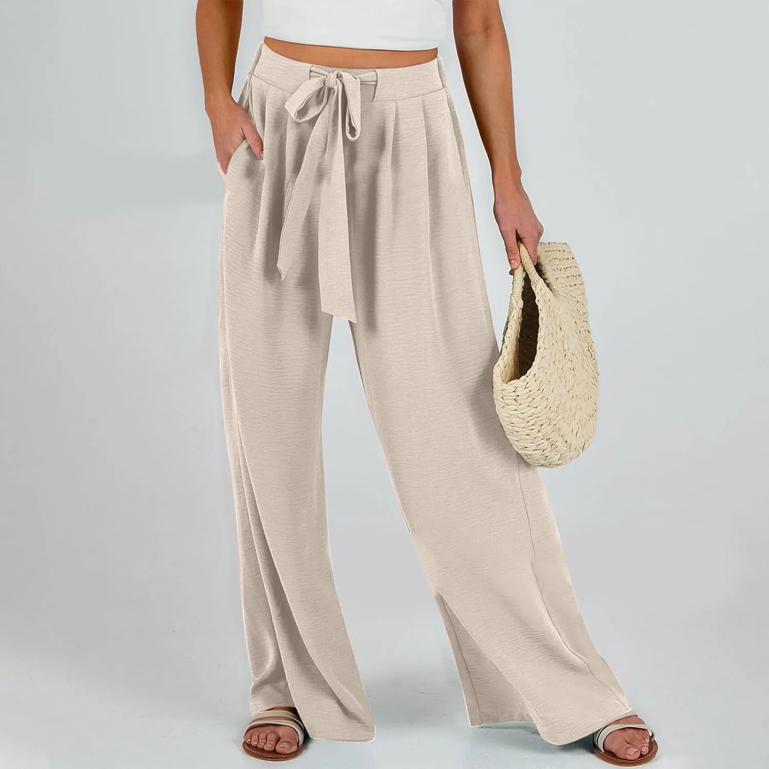 Women's 2025 Summer Lightweight Loose Lace Up High Waist Pants Casual Solid Color Baggy Wide Leg Trousers with Pockets